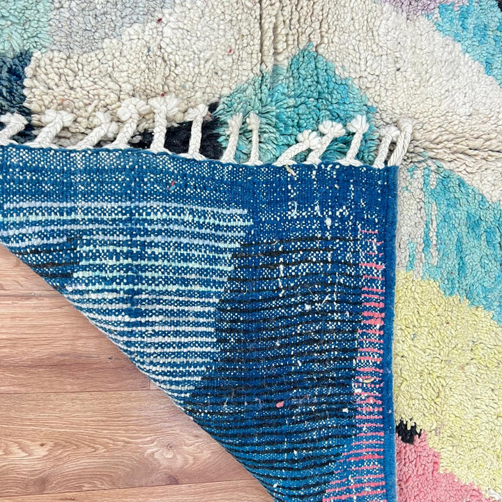 Vintage Moroccan wool rug 738 – handmade colorful geometric Berber carpet in turquoise, pink, yellow, and black 248 × 153 cm (8.13 × 5.02 ft).