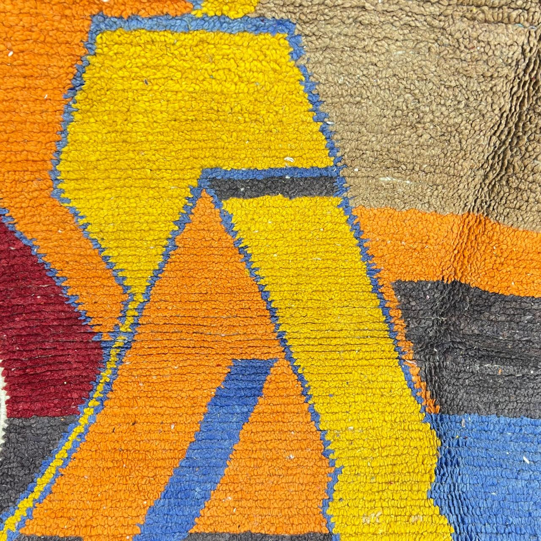 Vintage Moroccan wool rug 790 – handmade color block Berber carpet in yellow, turquoise, orange, and red 248 × 166 cm (8.13 × 5.44 ft).