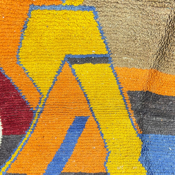 Vintage Moroccan wool rug 790 – handmade color block Berber carpet in yellow, turquoise, orange, and red 248 × 166 cm (8.13 × 5.44 ft).