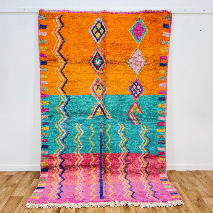 Vintage Moroccan rug with orange teal pink geometric Berber design handmade from natural wool