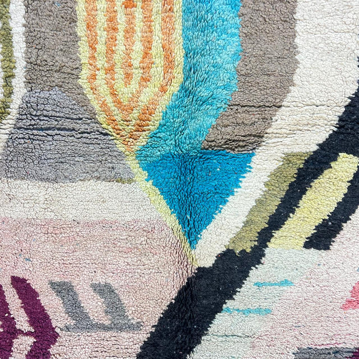Vintage Moroccan wool rug 738 – handmade colorful geometric Berber carpet in turquoise, pink, yellow, and black 248 × 153 cm (8.13 × 5.02 ft).