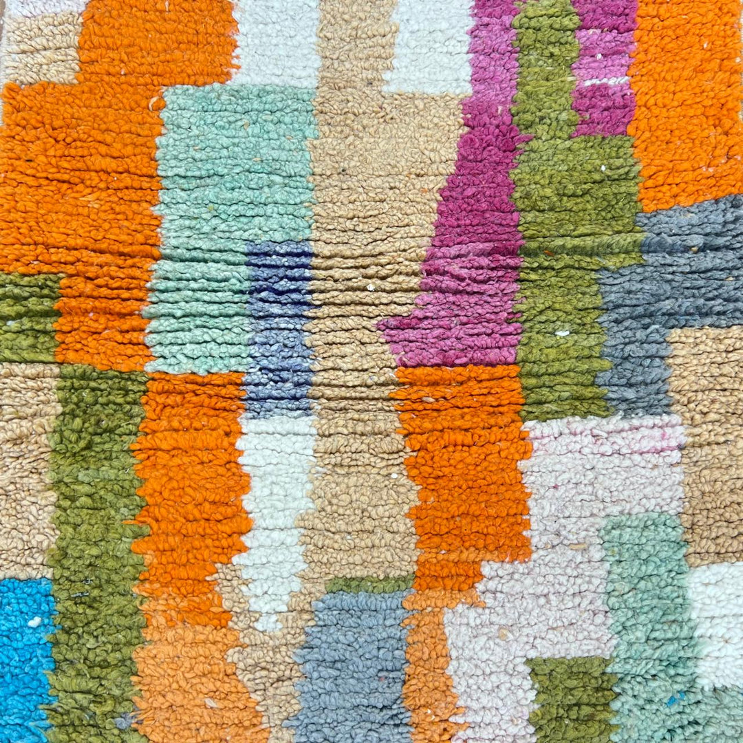 Vintage Moroccan wool runner 814 – handmade colorful Berber rug with abstract patchwork pattern in orange, pink, blue, and green, 409 × 80 cm (13.42 × 2.62 ft).