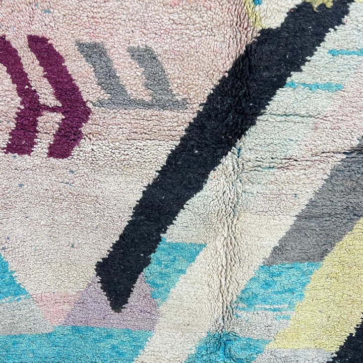 Vintage Moroccan wool rug 738 – handmade colorful geometric Berber carpet in turquoise, pink, yellow, and black 248 × 153 cm (8.13 × 5.02 ft).