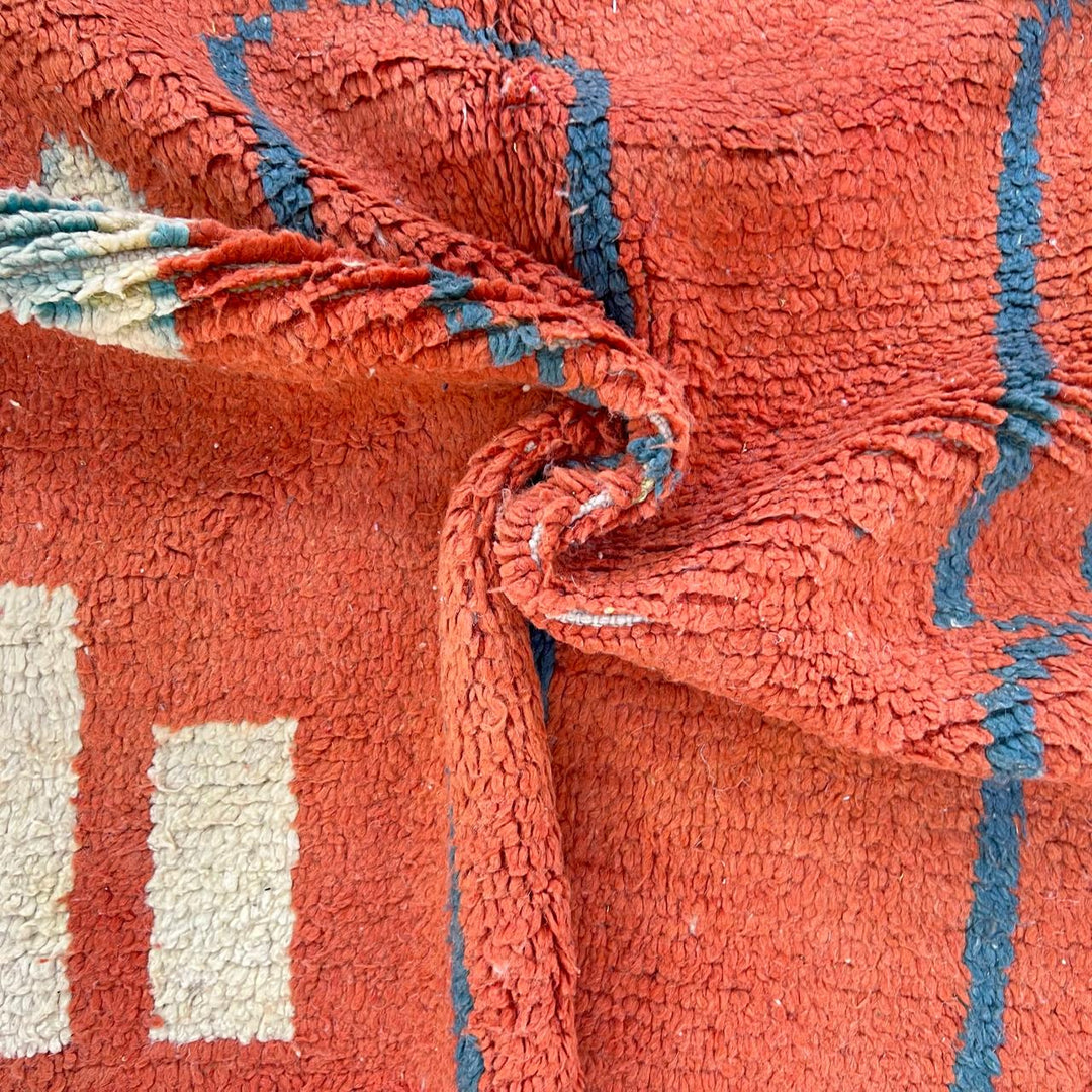 Vintage Moroccan wool rug 746 – handmade terracotta red and aqua blue geometric Berber wool carpet 244 × 160 cm (8.01 × 5.24 ft).