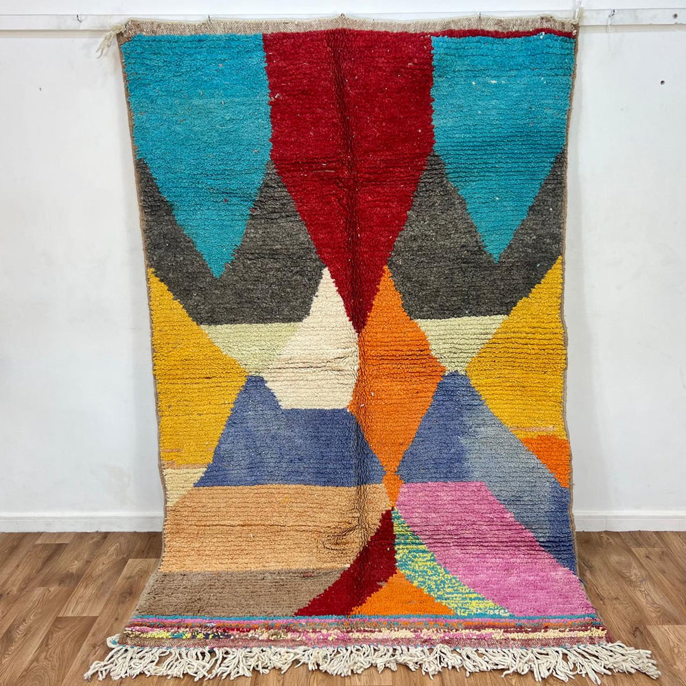 Vintage Moroccan wool rug 693 – handmade yellow and beige wavy abstract Berber wool carpet 241 × 145 cm (7.9 × 4.75 ft).