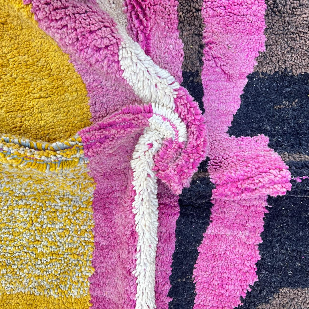 Vintage Moroccan wool rug 882 – handmade Berber carpet with pink, mustard, and brown geometric design, 300 × 209 cm (9.84 × 6.86 ft).