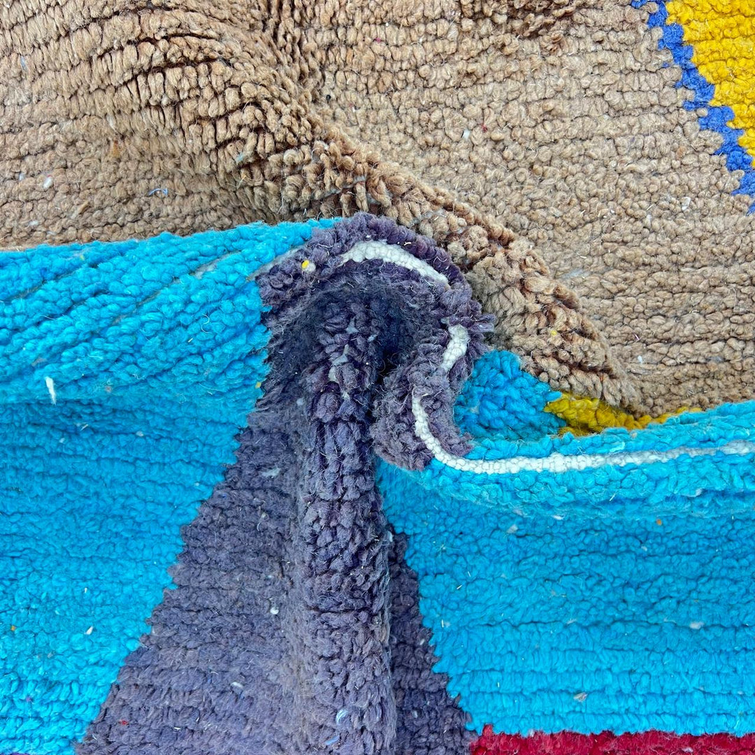 Vintage Moroccan wool rug 790 – handmade color block Berber carpet in yellow, turquoise, orange, and red 248 × 166 cm (8.13 × 5.44 ft).