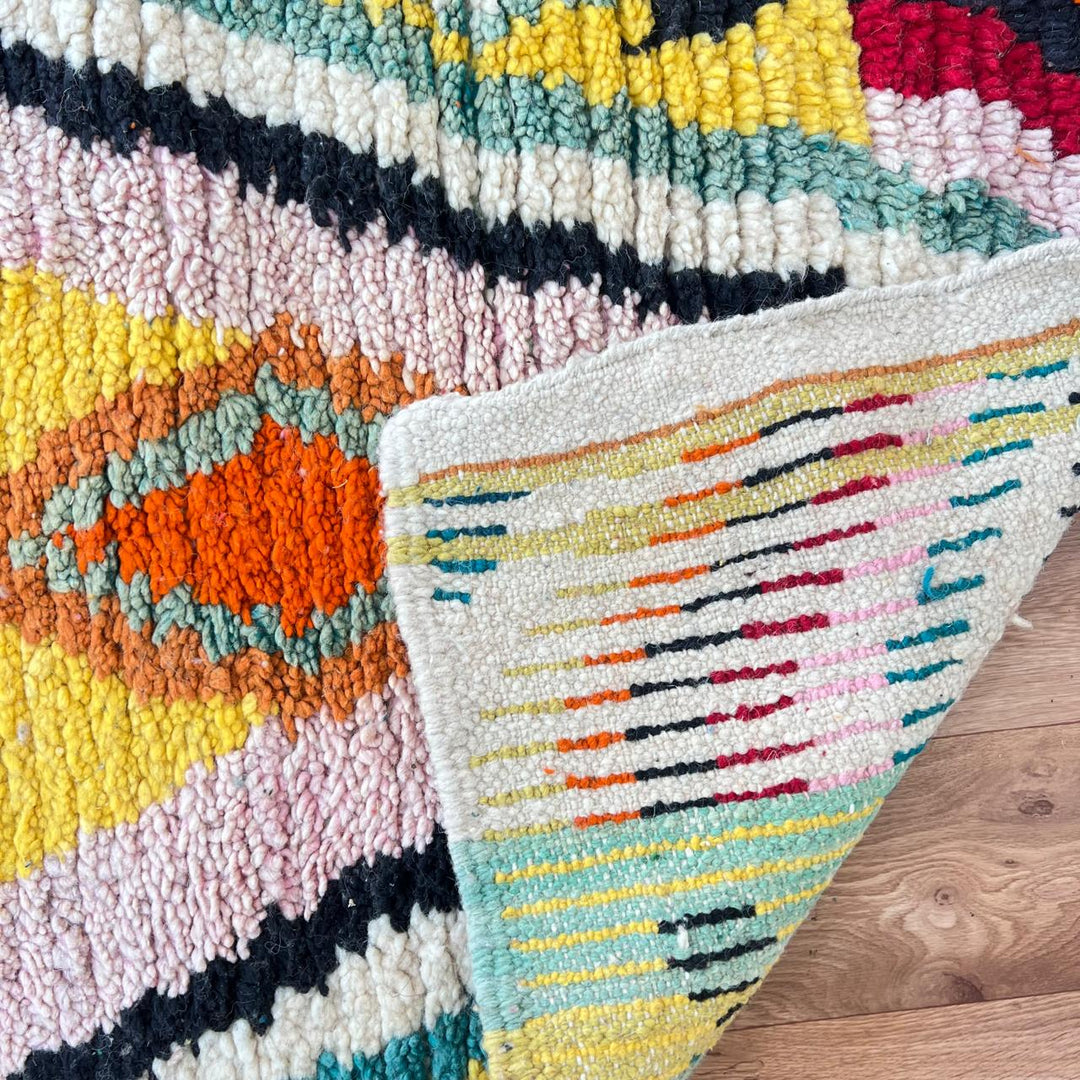 Vintage Moroccan runner rug 818 – colorful handmade Berber wool carpet with geometric tribal patterns 395 × 86 cm (12.96 × 2.82 ft).