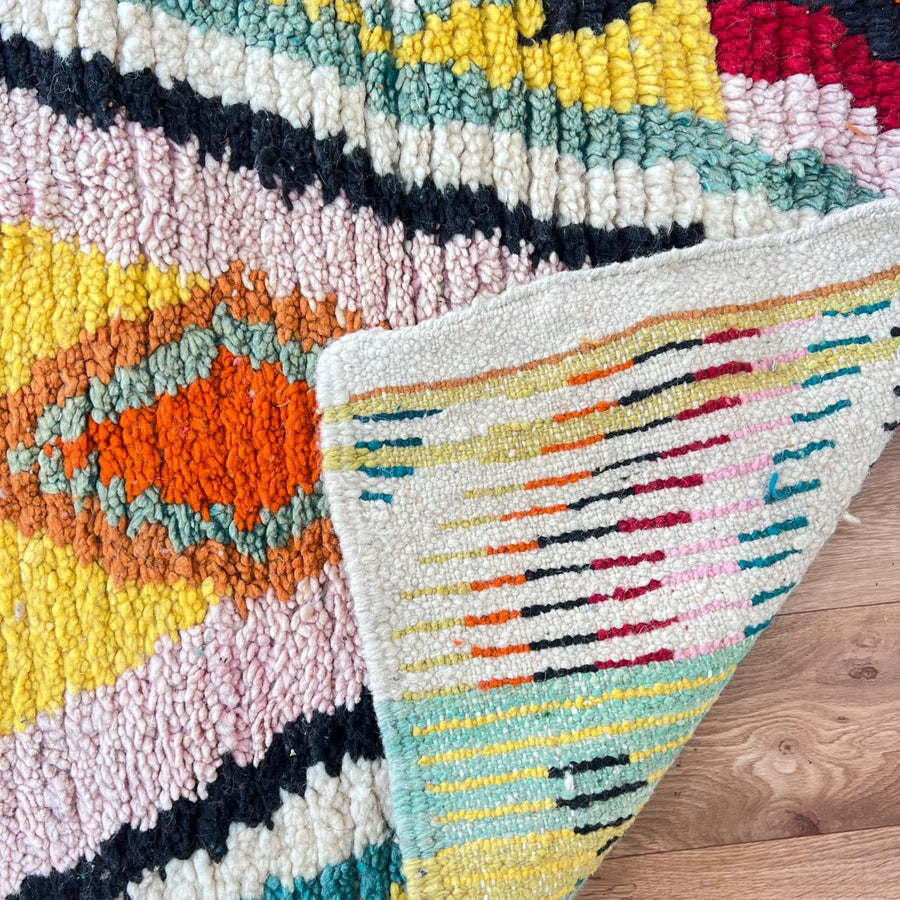 Vintage Moroccan runner rug 818 – colorful handmade Berber wool carpet with geometric tribal patterns 395 × 86 cm (12.96 × 2.82 ft).