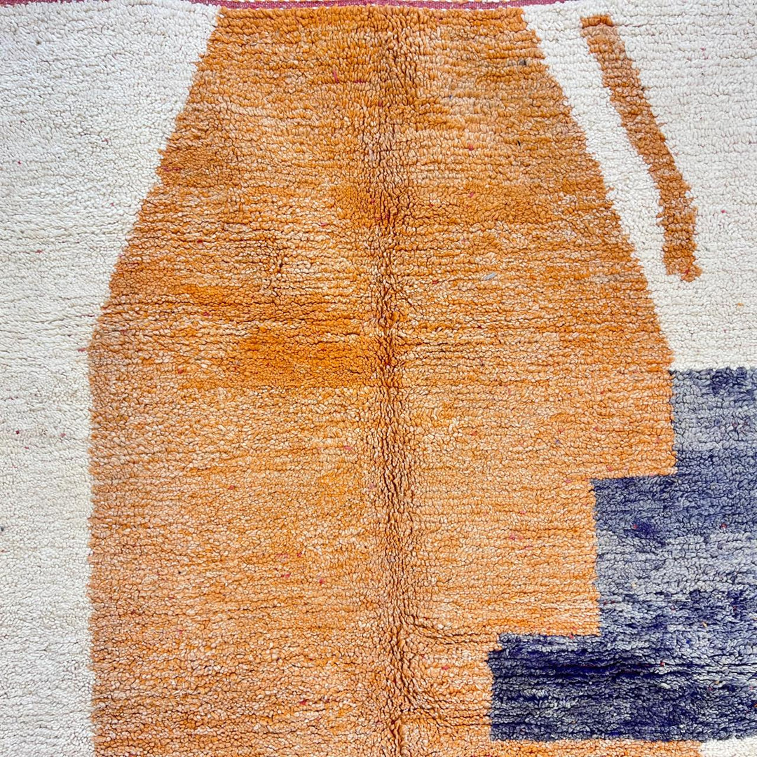 Vintage Moroccan wool rug 923 – handmade abstract orange and cream geometric Berber carpet with gray accents, 302 × 196 cm (9.9 × 6.4 ft).