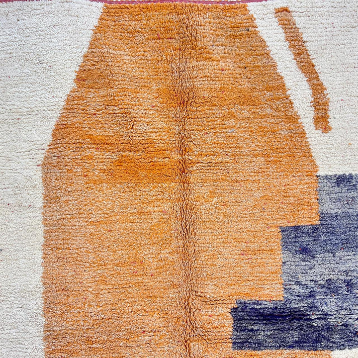 Vintage Moroccan wool rug 923 – handmade abstract orange and cream geometric Berber carpet with gray accents, 302 × 196 cm (9.9 × 6.4 ft).