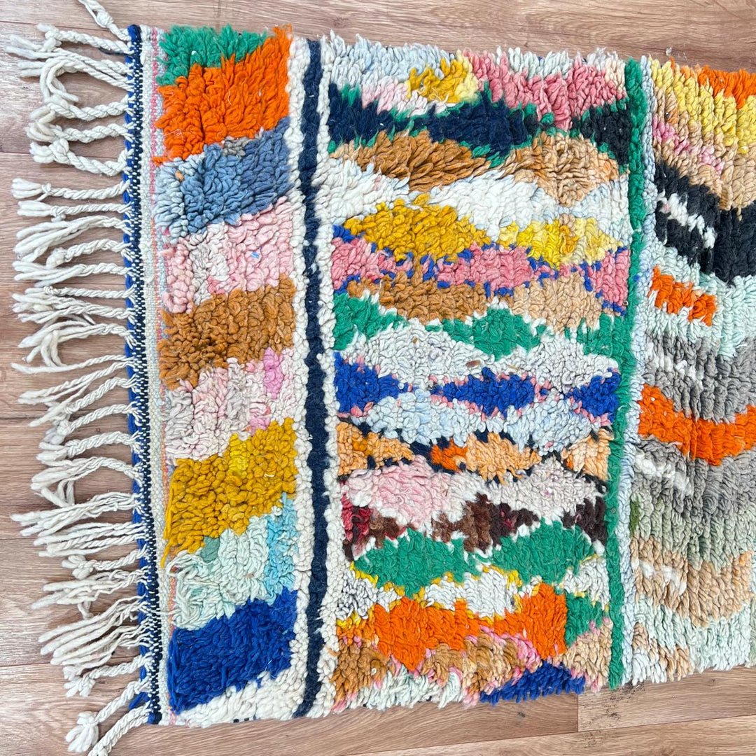 Vintage Moroccan runner rug 815 – handmade multicolor wool carpet with geometric Berber patterns 366 × 80 cm (12.01 × 2.62 ft).
