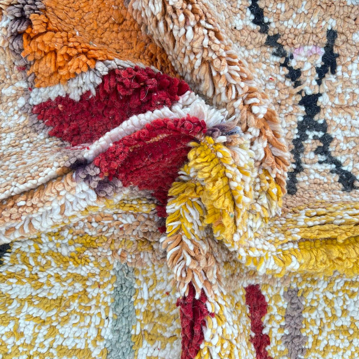 Vintage Moroccan wool rug 754 – handmade yellow and red Berber wool carpet with abstract tribal patterns 251 × 168 cm (8.23 × 5.51 ft