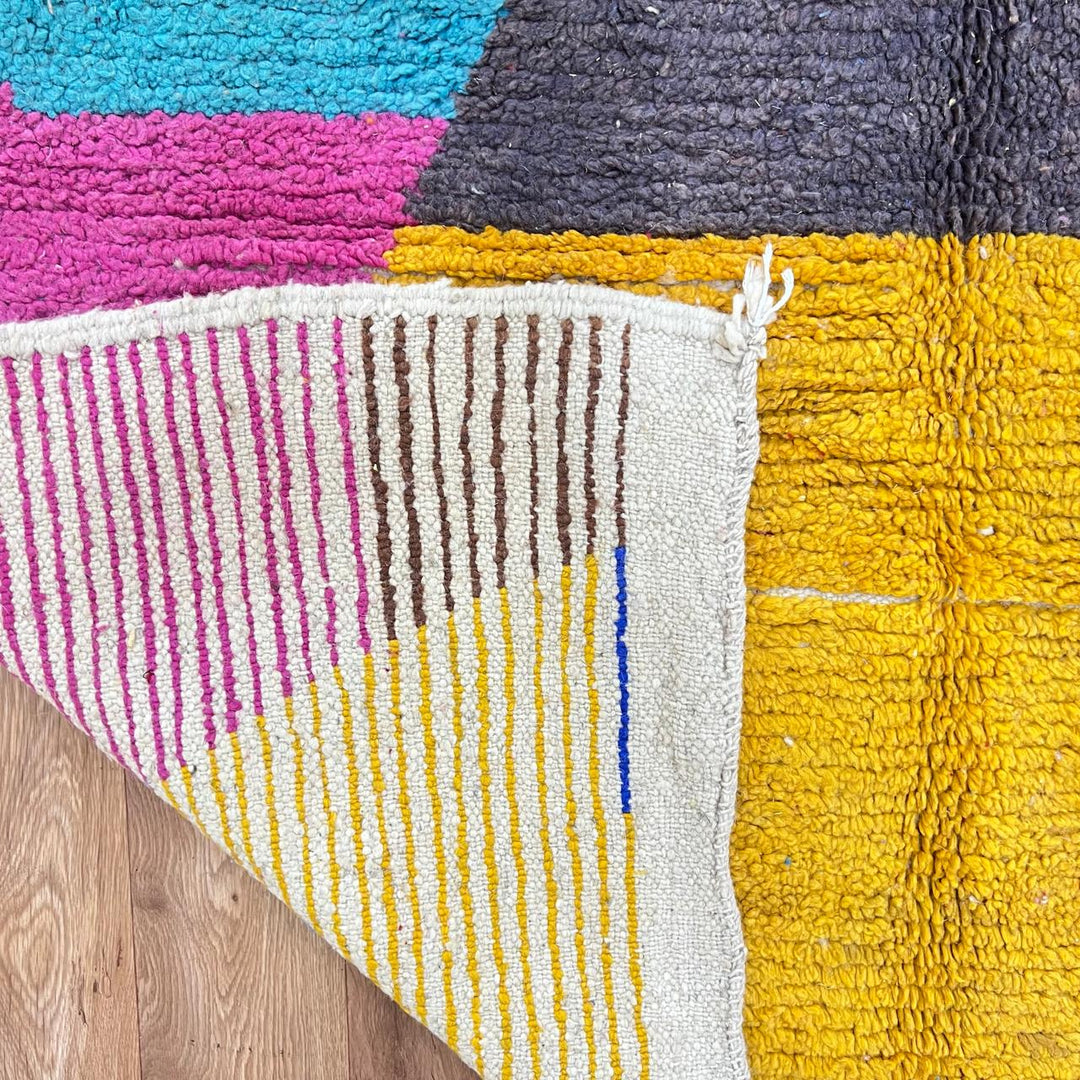 Vintage Moroccan wool rug 790 – handmade color block Berber carpet in yellow, turquoise, orange, and red 248 × 166 cm (8.13 × 5.44 ft).