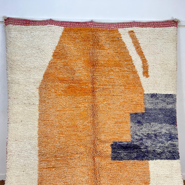 Vintage Moroccan wool rug 923 – handmade abstract orange and cream geometric Berber carpet with gray accents, 302 × 196 cm (9.9 × 6.4 ft).
