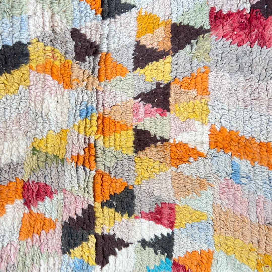 Vintage Moroccan runner rug 815 – handmade multicolor wool carpet with geometric Berber patterns 366 × 80 cm (12.01 × 2.62 ft).