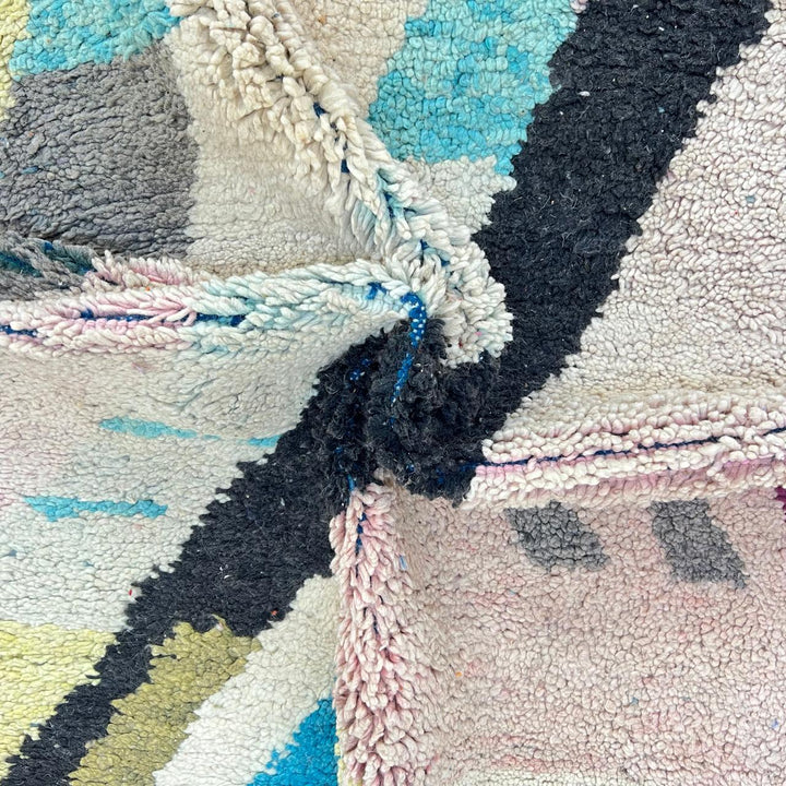 Vintage Moroccan wool rug 738 – handmade colorful geometric Berber carpet in turquoise, pink, yellow, and black 248 × 153 cm (8.13 × 5.02 ft).