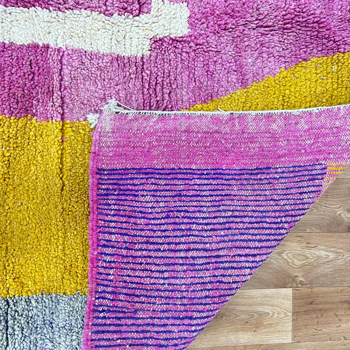 Vintage Moroccan wool rug 882 – handmade Berber carpet with pink, mustard, and brown geometric design, 300 × 209 cm (9.84 × 6.86 ft).