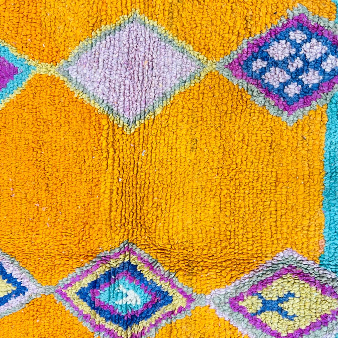 Vintage Moroccan rug with orange teal pink geometric Berber design handmade from natural wool