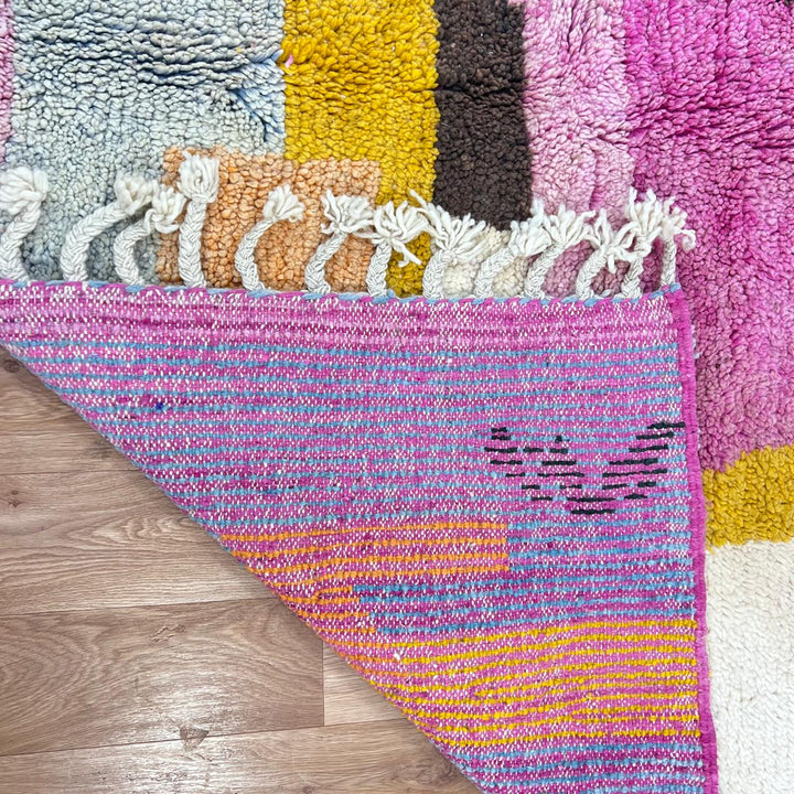 Vintage Moroccan wool rug 882 – handmade Berber carpet with pink, mustard, and brown geometric design, 300 × 209 cm (9.84 × 6.86 ft).