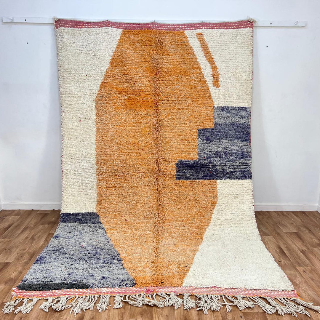 Vintage Moroccan wool rug 923 – handmade abstract orange and cream geometric Berber carpet with gray accents, 302 × 196 cm (9.9 × 6.4 ft).