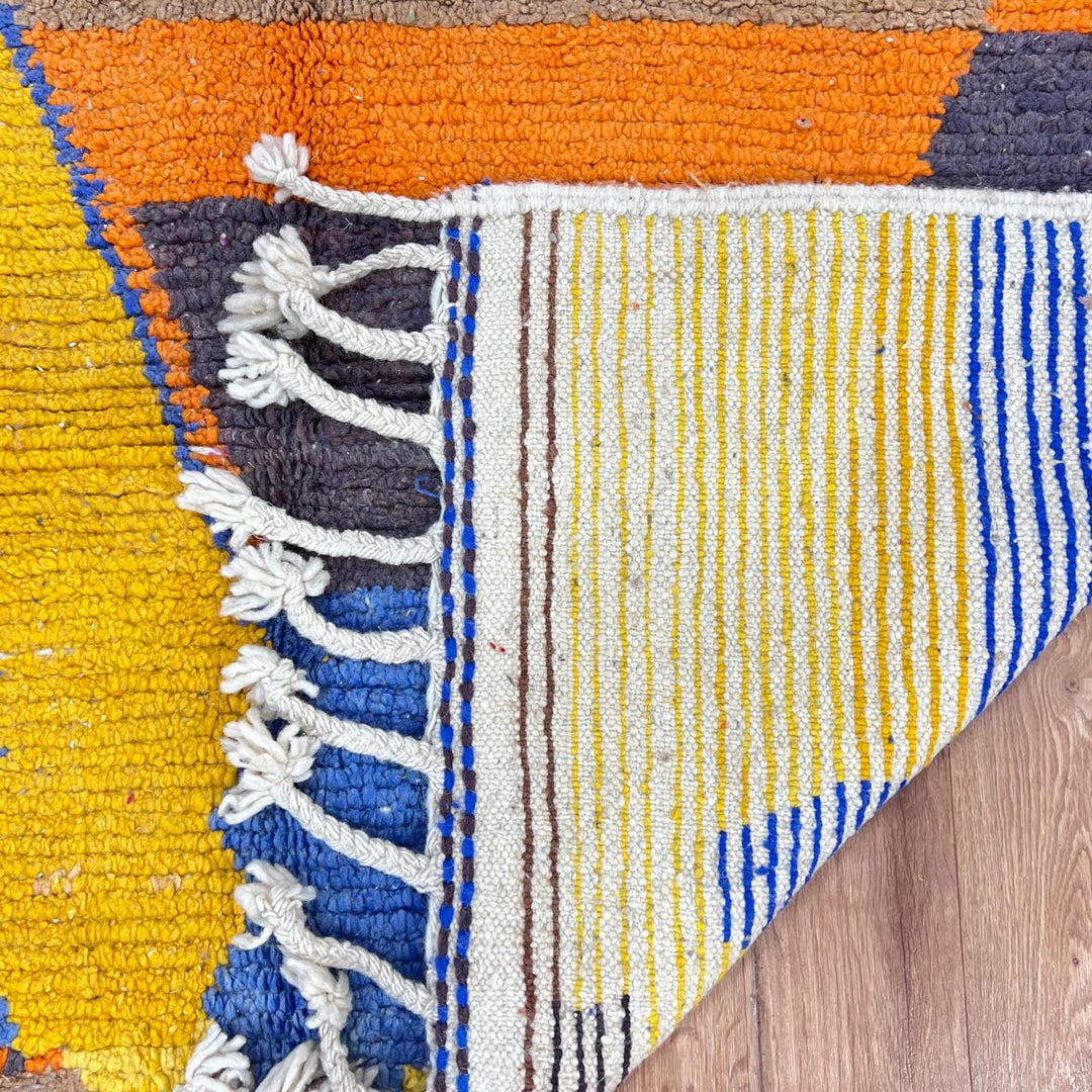 Vintage Moroccan wool rug 790 – handmade color block Berber carpet in yellow, turquoise, orange, and red 248 × 166 cm (8.13 × 5.44 ft).