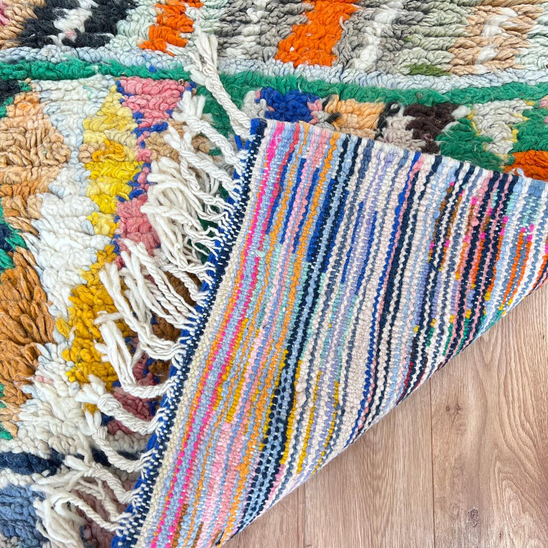 Vintage Moroccan runner rug 815 – handmade multicolor wool carpet with geometric Berber patterns 366 × 80 cm (12.01 × 2.62 ft).