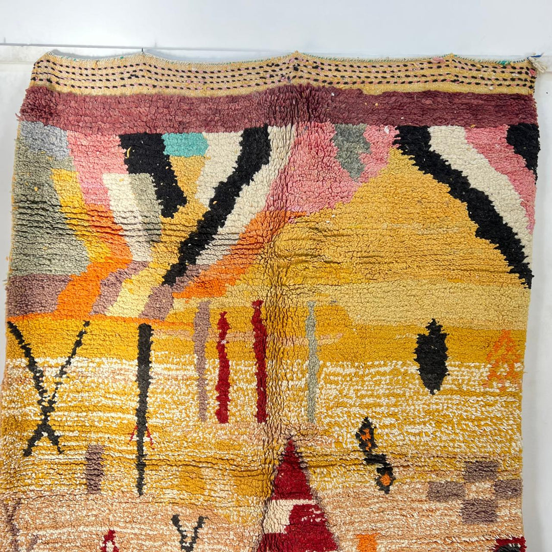 Vintage Moroccan wool rug 754 – handmade yellow and red Berber wool carpet with abstract tribal patterns 251 × 168 cm (8.23 × 5.51 ft