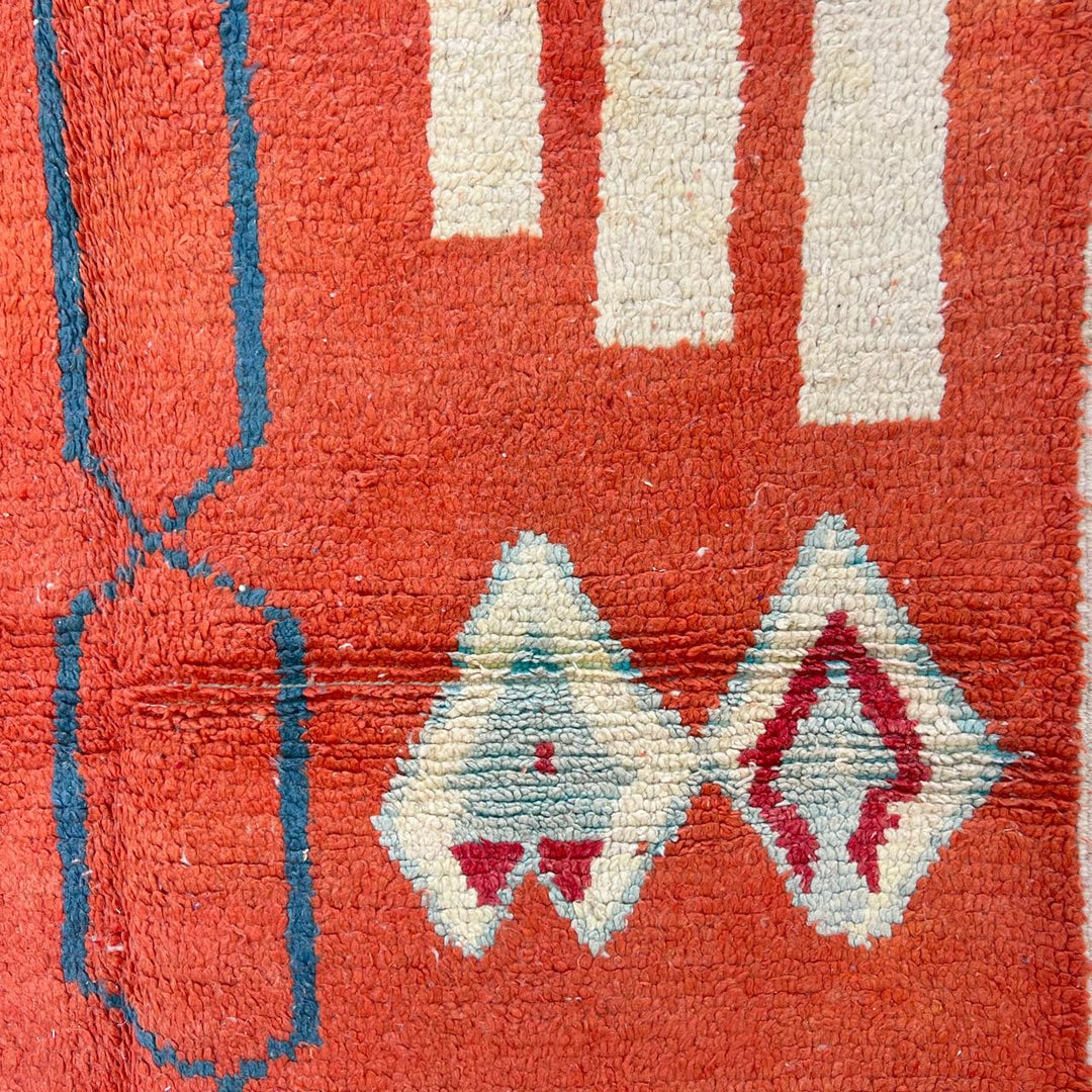 Vintage Moroccan wool rug 746 – handmade terracotta red and aqua blue geometric Berber wool carpet 244 × 160 cm (8.01 × 5.24 ft).