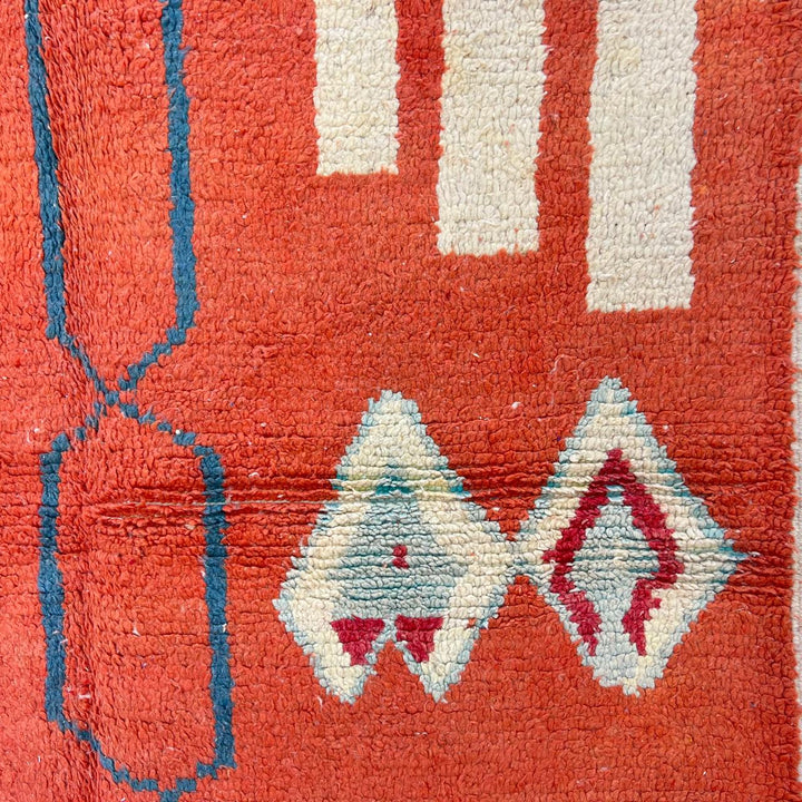 Vintage Moroccan wool rug 746 – handmade terracotta red and aqua blue geometric Berber wool carpet 244 × 160 cm (8.01 × 5.24 ft).
