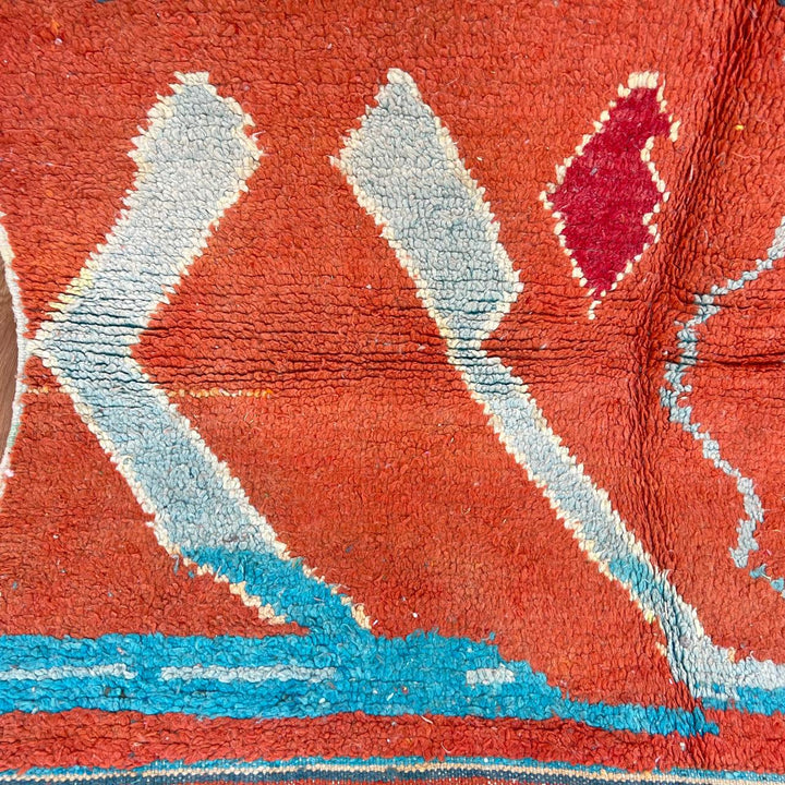 Vintage Moroccan wool rug 746 – handmade terracotta red and aqua blue geometric Berber wool carpet 244 × 160 cm (8.01 × 5.24 ft).