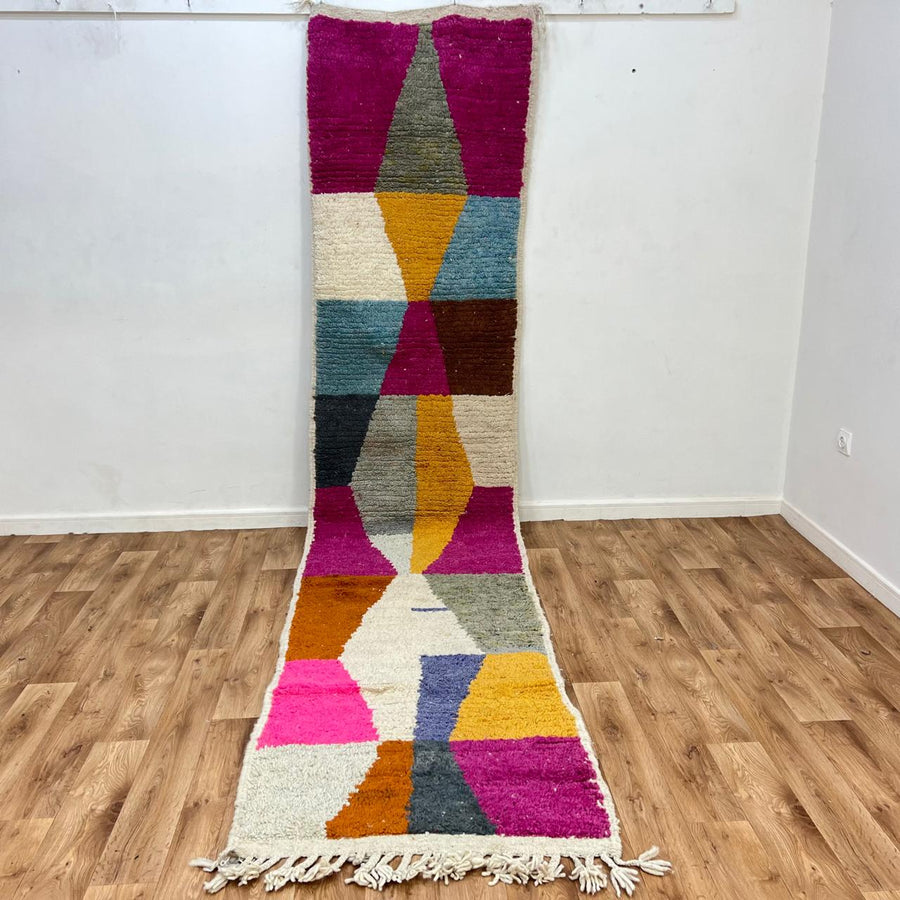 Vintage Moroccan wool runner rug 817 – handwoven colorful Berber carpet featuring fuchsia, mustard, and teal geometric pattern, 375 × 86 cm (12.3 × 2.8 ft).