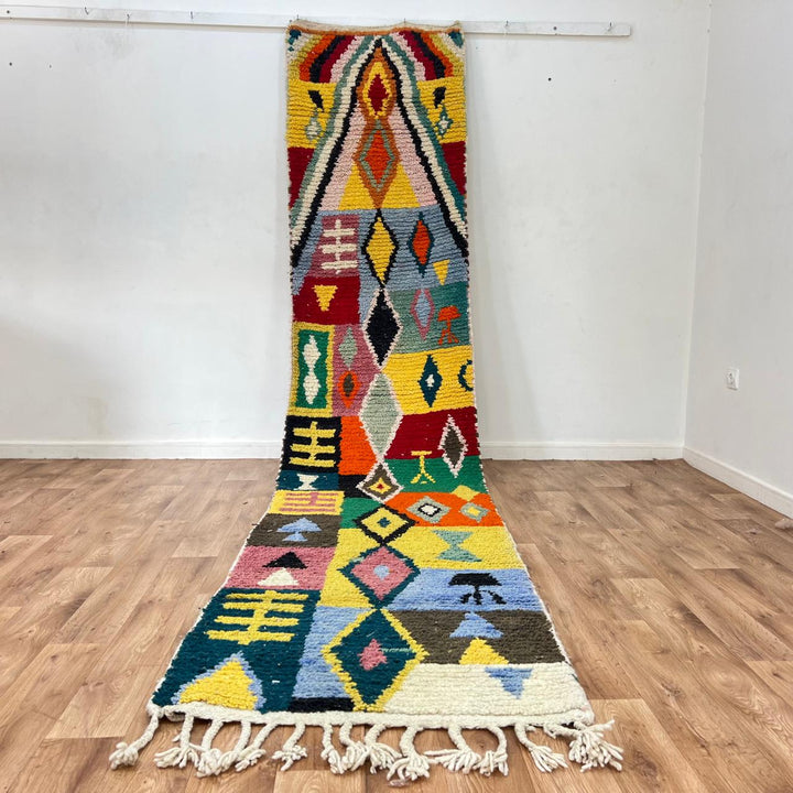 Vintage Moroccan runner rug 818 – colorful handmade Berber wool carpet with geometric tribal patterns 395 × 86 cm (12.96 × 2.82 ft).