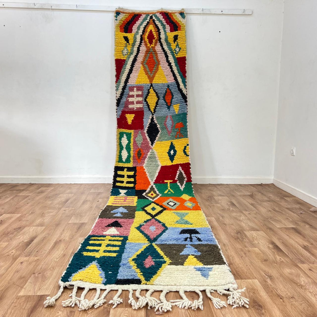 Vintage Moroccan runner rug 818 – colorful handmade Berber wool carpet with geometric tribal patterns 395 × 86 cm (12.96 × 2.82 ft).