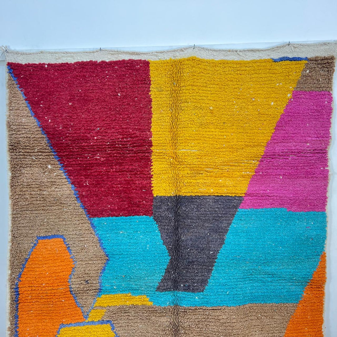 Vintage Moroccan wool rug 790 – handmade color block Berber carpet in yellow, turquoise, orange, and red 248 × 166 cm (8.13 × 5.44 ft).