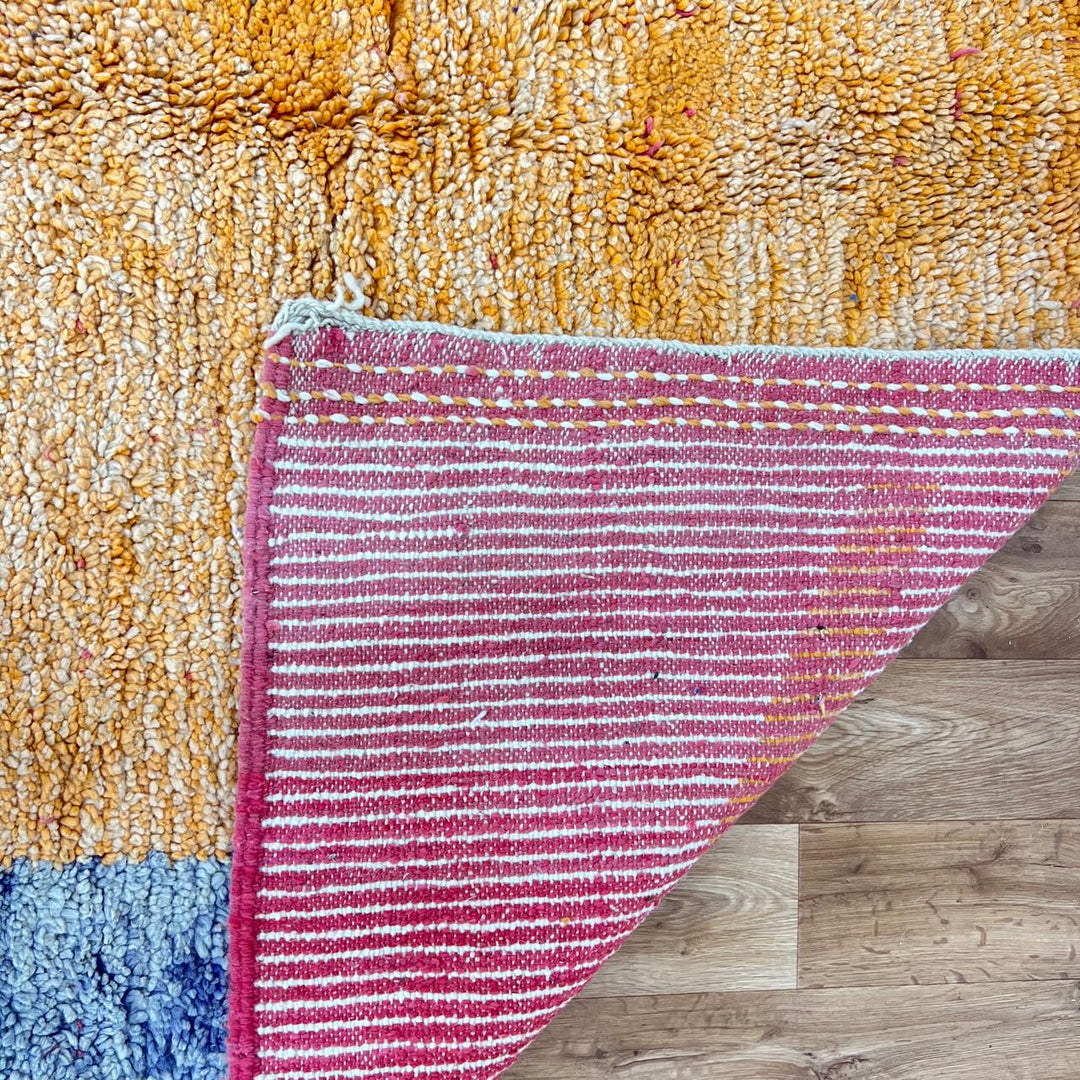 Vintage Moroccan wool rug 923 – handmade abstract orange and cream geometric Berber carpet with gray accents, 302 × 196 cm (9.9 × 6.4 ft).