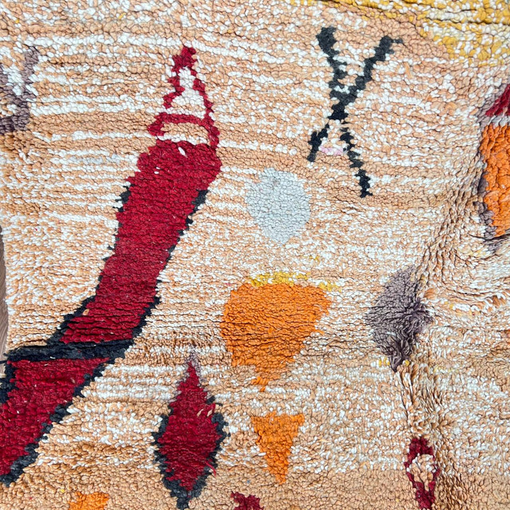 Vintage Moroccan wool rug 754 – handmade yellow and red Berber wool carpet with abstract tribal patterns 251 × 168 cm (8.23 × 5.51 ft