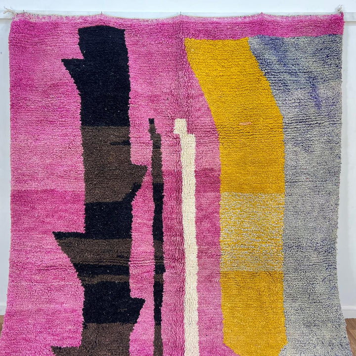 Vintage Moroccan wool rug 882 – handmade Berber carpet with pink, mustard, and brown geometric design, 300 × 209 cm (9.84 × 6.86 ft).