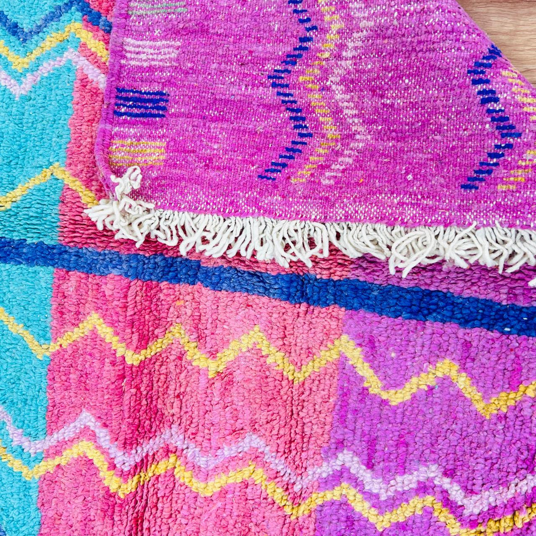 Vintage Moroccan rug with orange teal pink geometric Berber design handmade from natural wool