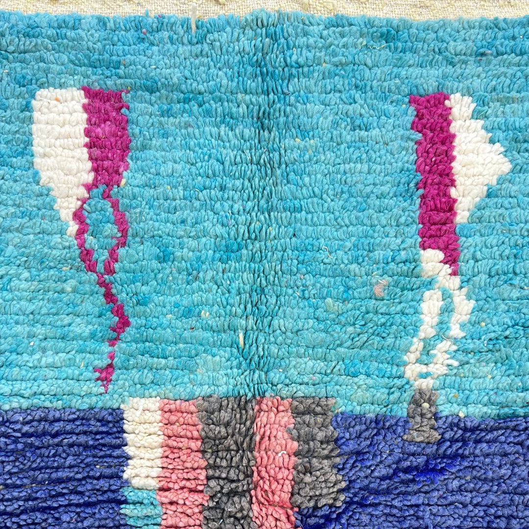 Vintage Moroccan wool rug 794 – handmade blue and multicolor Berber carpet with abstract tribal motifs 256 × 151 cm (8.39 × 4.95 ft).