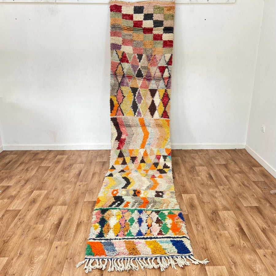 Vintage Moroccan runner rug 815 – handmade multicolor wool carpet with geometric Berber patterns 366 × 80 cm (12.01 × 2.62 ft).