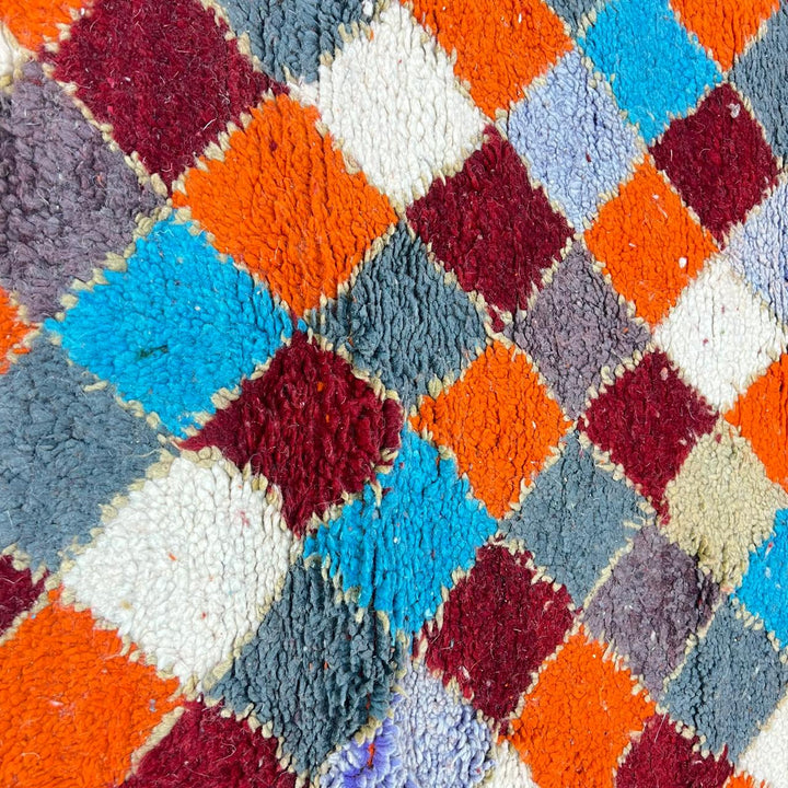 Vintage Moroccan wool runner rug 822 – handmade diamond-patterned Berber carpet in orange, turquoise, and red 407 × 83 cm (13.35 × 2.72 ft