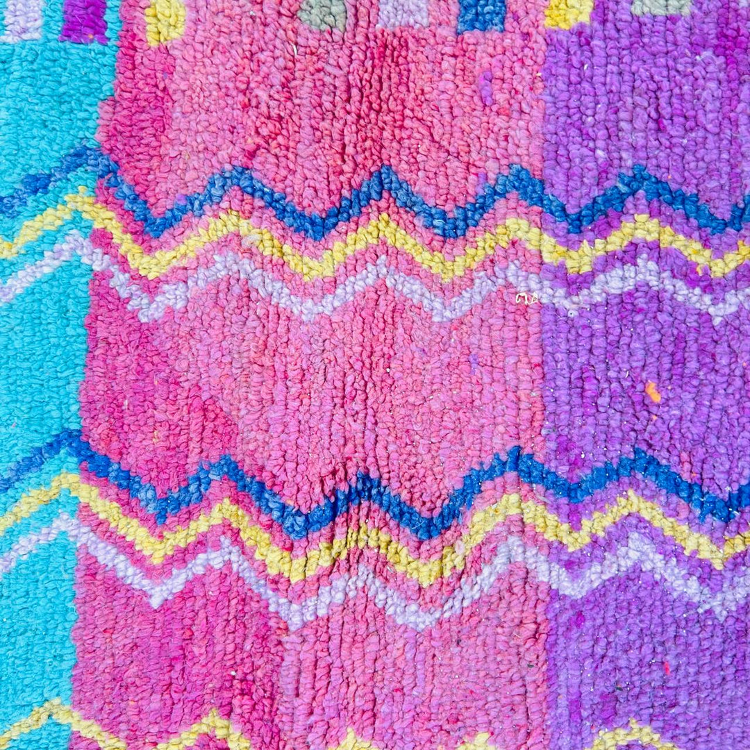 Vintage Moroccan rug with orange teal pink geometric Berber design handmade from natural wool