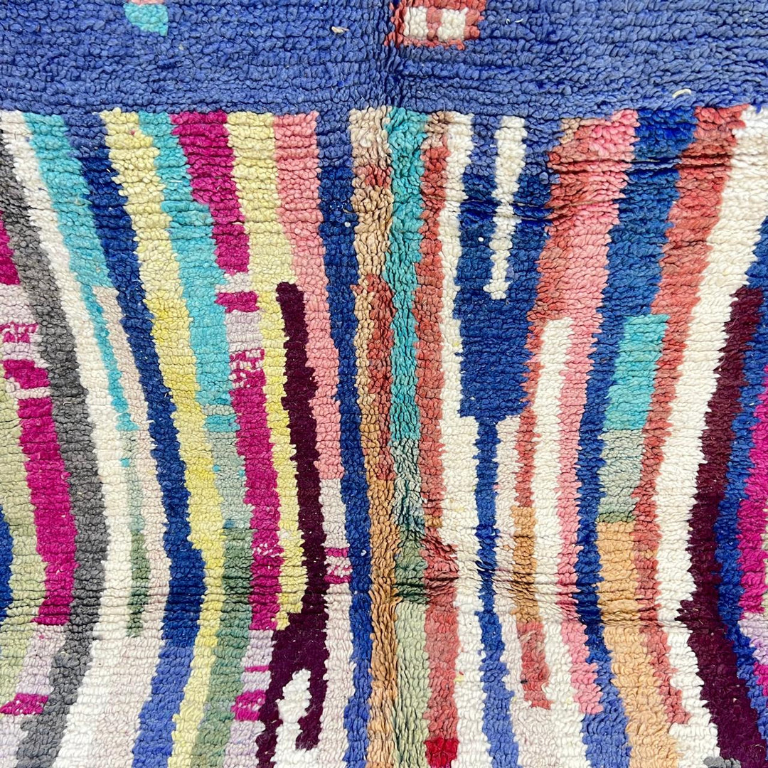 Vintage Moroccan wool rug 794 – handmade blue and multicolor Berber carpet with abstract tribal motifs 256 × 151 cm (8.39 × 4.95 ft).