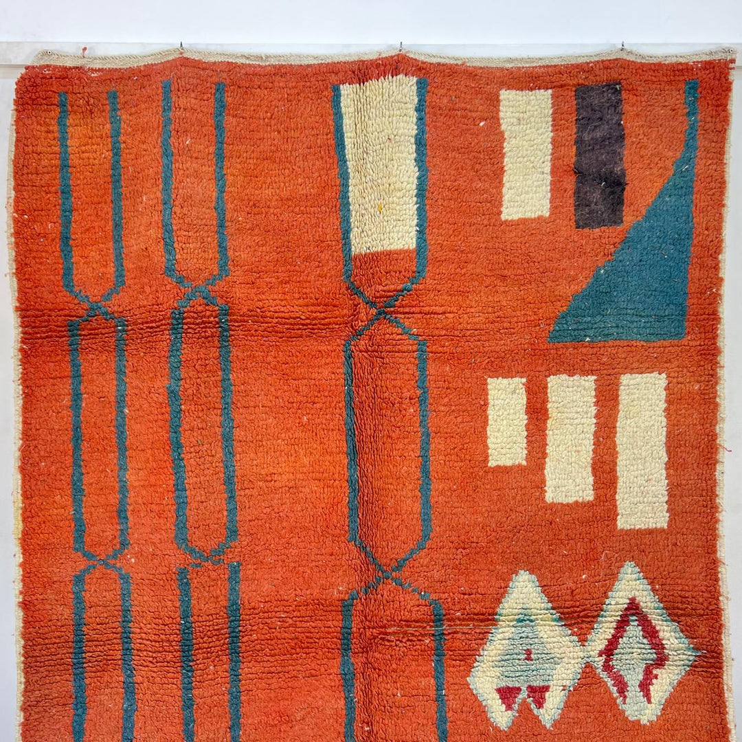 Vintage Moroccan wool rug 746 – handmade terracotta red and aqua blue geometric Berber wool carpet 244 × 160 cm (8.01 × 5.24 ft).
