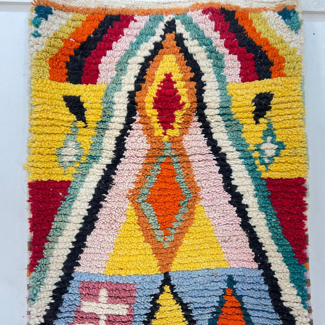 Vintage Moroccan runner rug 818 – colorful handmade Berber wool carpet with geometric tribal patterns 395 × 86 cm (12.96 × 2.82 ft).