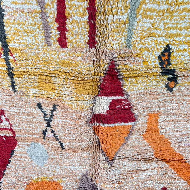 Vintage Moroccan wool rug 754 – handmade yellow and red Berber wool carpet with abstract tribal patterns 251 × 168 cm (8.23 × 5.51 ft