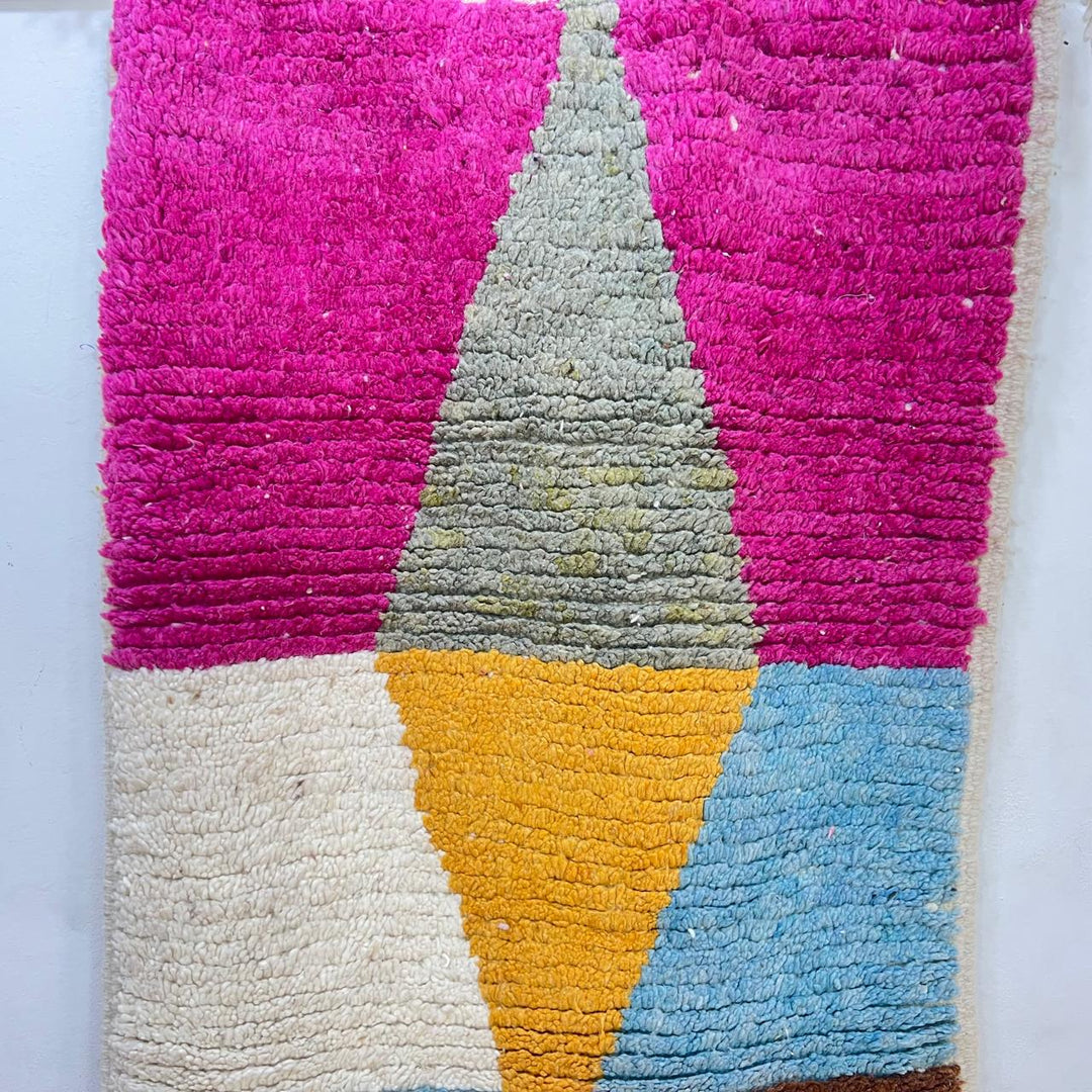 Vintage Moroccan wool runner rug 817 – handwoven colorful Berber carpet featuring fuchsia, mustard, and teal geometric pattern, 375 × 86 cm (12.3 × 2.8 ft).