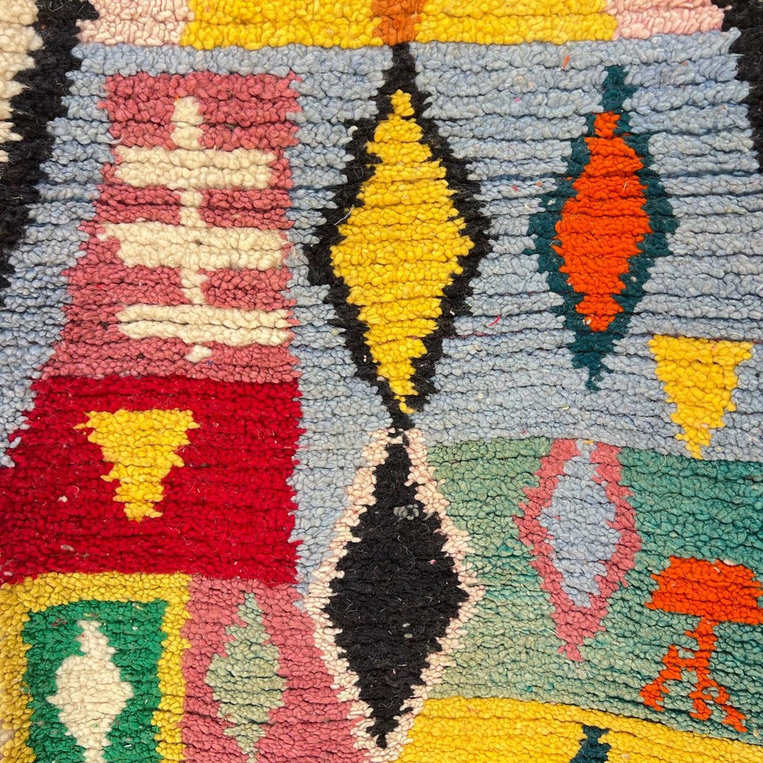 Vintage Moroccan runner rug 818 – colorful handmade Berber wool carpet with geometric tribal patterns 395 × 86 cm (12.96 × 2.82 ft).