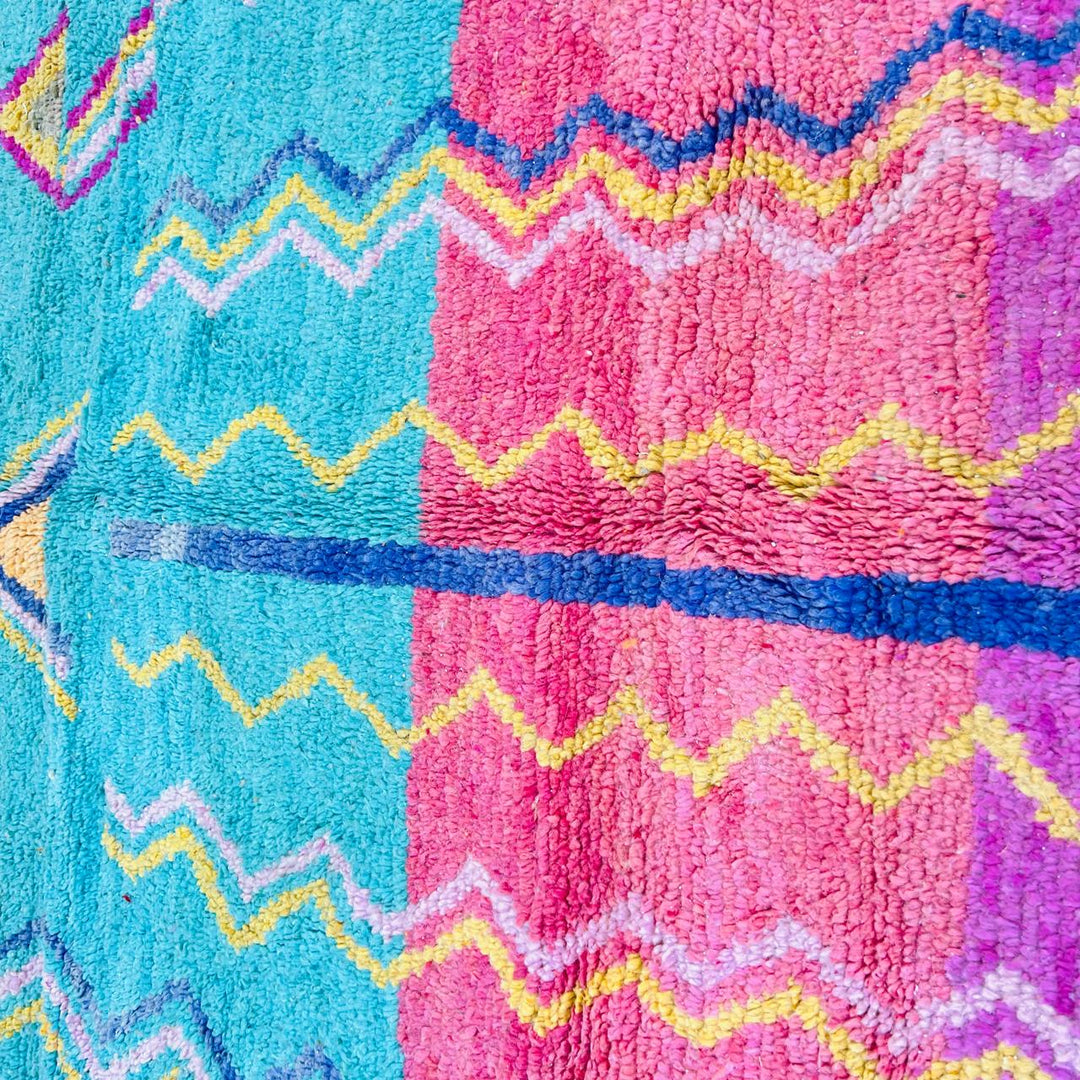 Vintage Moroccan rug with orange teal pink geometric Berber design handmade from natural wool